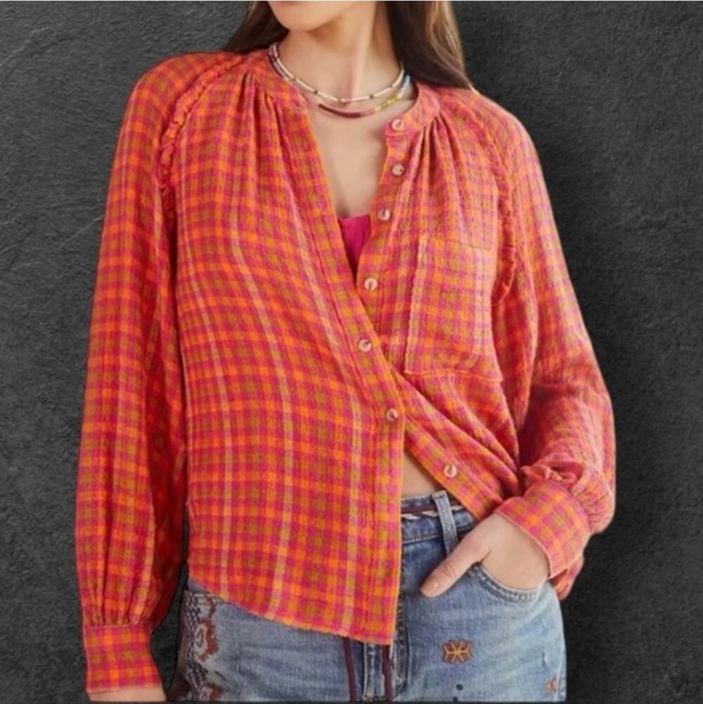 Pilcro Anthropologie Breezy Buttondown Blouse Sz L Madras Plaid Crinkle Ruffle